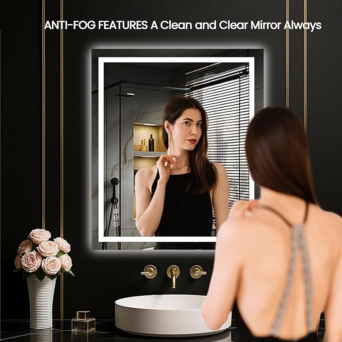 LOAAO 24"X28" LED Bathroom Mirror with Lights, Anti-Fog, Dimmable, Backlit + Front Lit, Lighted Bathroom Vanity Mirror for Wall, Memory Function, Tempered Glass, Safe to Use, ETL Listed