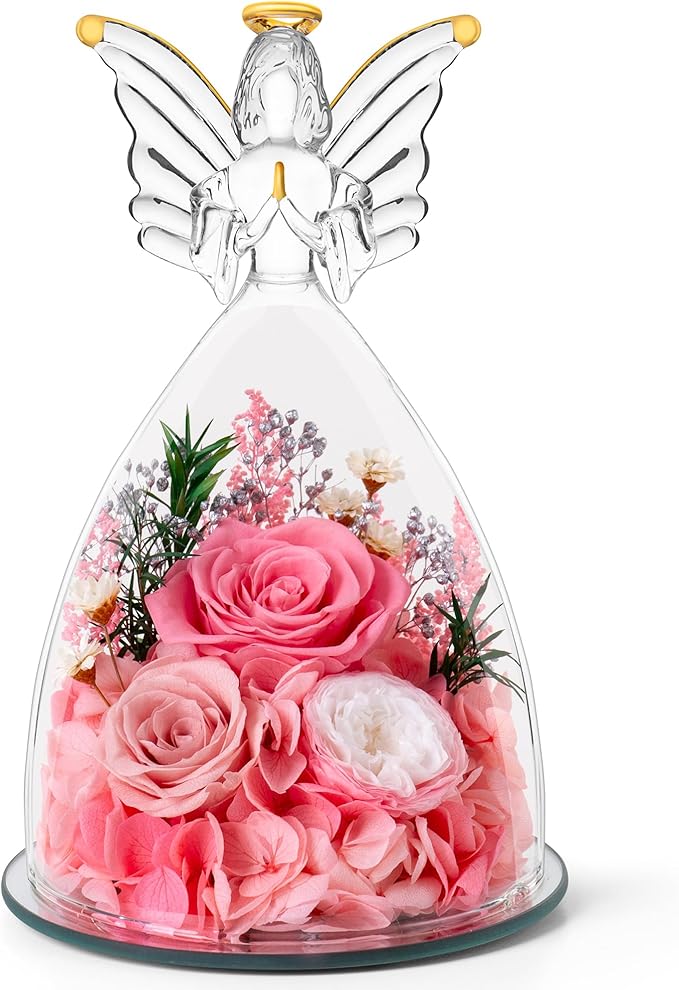 Mothers Day Roses Gifts for Mom Forever Preserved Real Roses Flowers in Glass Angel Figurines Fresh Flowers for Delivery for Grandma Women Mom Wife from Daughter/Pink
