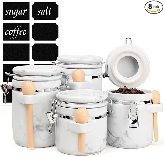 4-Piece Airtight Ceramic Canisters Set with Wooden Spoons & Chalk Labels – Perfect for Coffee, Sugar, Flour, Tea (Marble) – Stylish & Leakproof Kitchen Storage