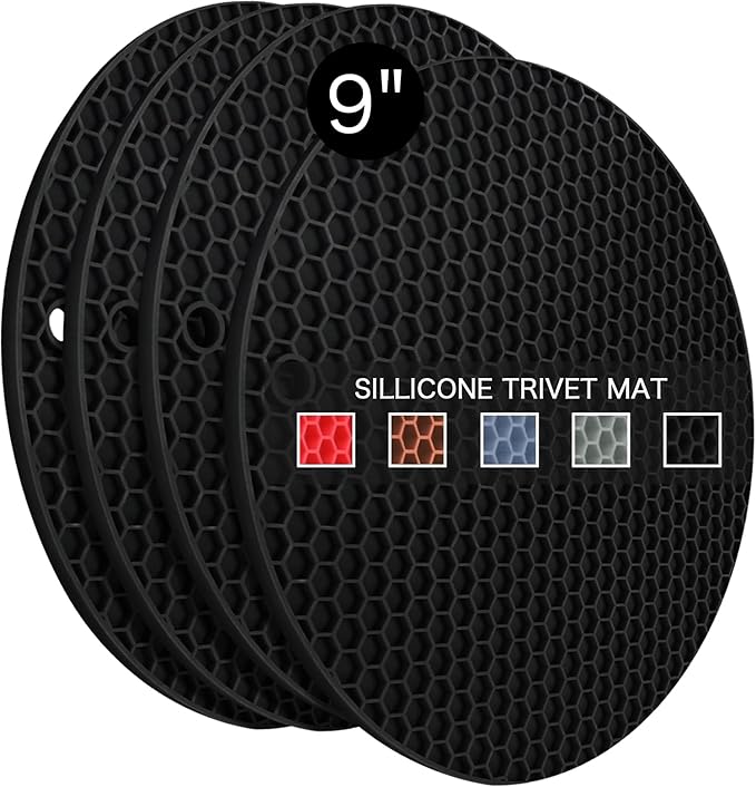 4 Pack Silicone Trivet Mats, 9 Inch Flexible Heat Resistant Silicone Hot Pads Pot Holders for Kitchen Counter, Round Trivets for Hot Dishes - Potholders Jar Opener(Black)