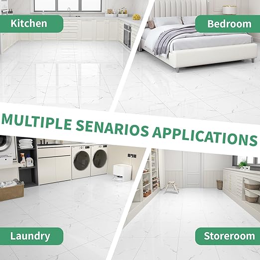 40-Pack Peel and Stick Floor Tiles Vinyl Floor 12 x 12 inch Self Adhesive Waterproof Glossy Flooring Planks DIY for Bathroom, Kitchen, Living Room, RV, Cover 40 Sq. Ft, Polish White Marble