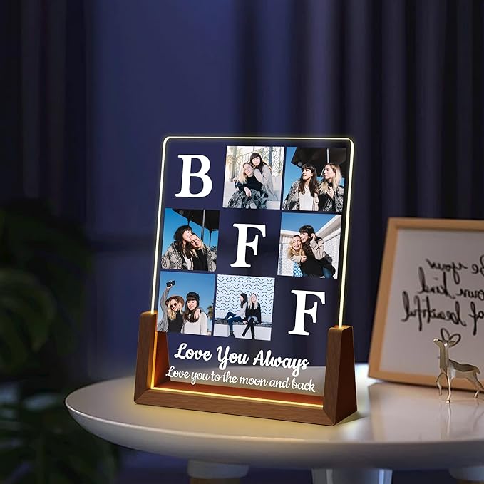 Custom Best Friend Christmas Birthday Gifts Picture Frame, Friendship Gifts For Women Friends Sister, Acrylic Plaque Photo Collage Frame With Night Light, Personalized BFF Besties Long Distance Gift