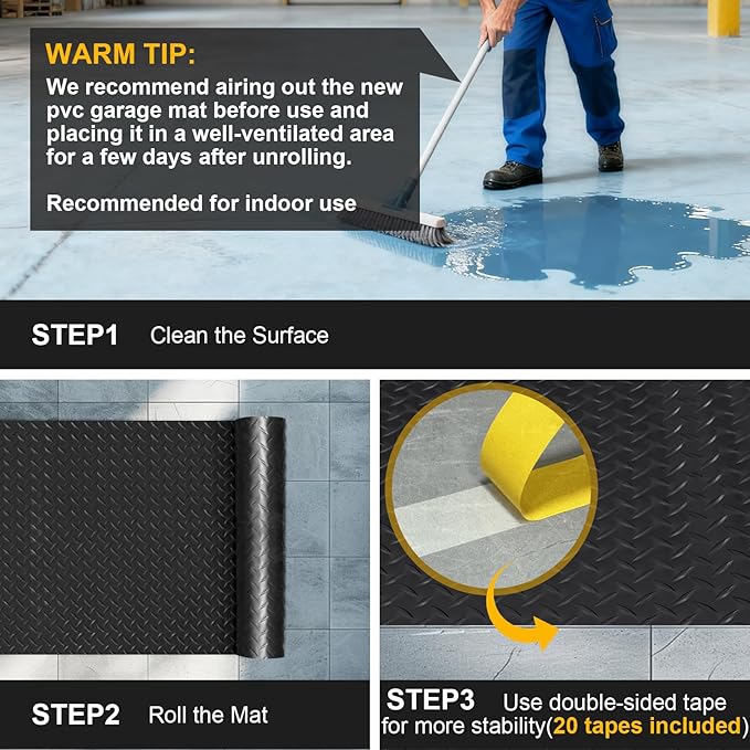 Grandroad auto 10x25 FT Garage Floor Mat, 2.8mm Thickened Flooring Roll for Under Car Diamond Plate PVC Rubber Mat with 20 Pcs Tapes, Non-Slip Floor Mat for Garage, Warehouse, Gyms, Trailer, Black