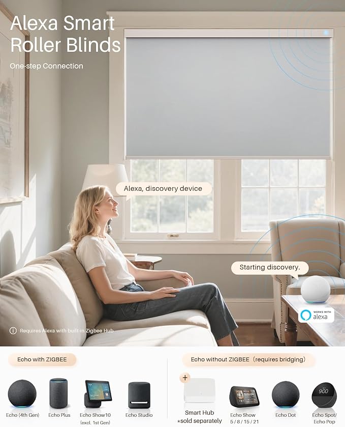 Smart Roller Shades for Windows, Alexa Blackout Motorized Blinds with Remote Control, Easy Install Automatic Electric Blinds for Indoor (Gray Fabric & White Shell, 46" W x 72" H)