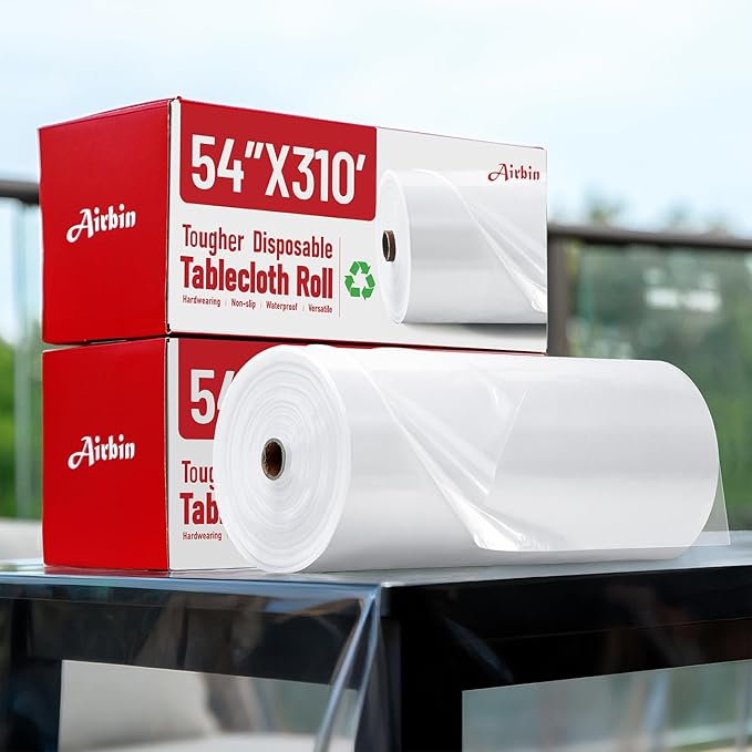 Plastic Table Cloth, 310 Ft X 54 In Disposable Tablecloth Clear Table Cover Roll with Any Cut Sliding Cutters Premium Clear Plastic Tablecloth for Picnics, Parties, Birthdays, Weddings Weddings