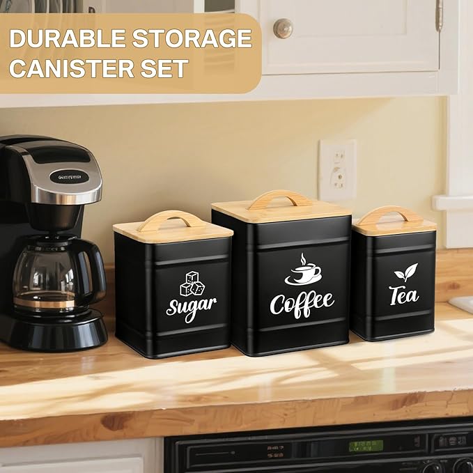 Maxdot 3 Set Coffee Sugar Tea Containers, Square Airtight Kitchen Canisters Storage Ground Organization with Bamboo Lids Rustic Metal Jars for Coffee Bar Beans, Tea Leaves, Food, Countertop(Black)