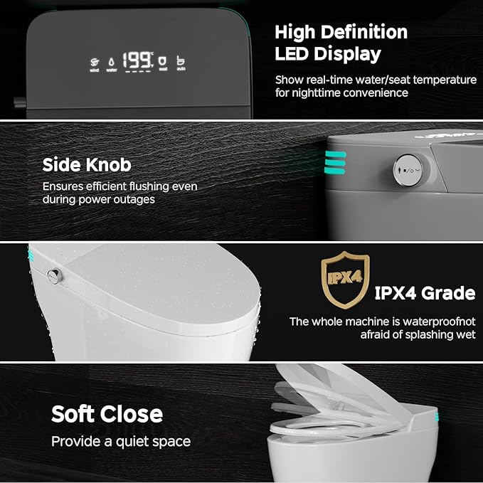 Smart Toilet with Bidet Built In, One Piece Bidet Toilet with 1.28 GPF Auto Dual Flush,Foot Sensor, Modern Elongated Tankless Toilet with Foam Shield,Heated Seat,Warm Water,Air Dry,LED Display