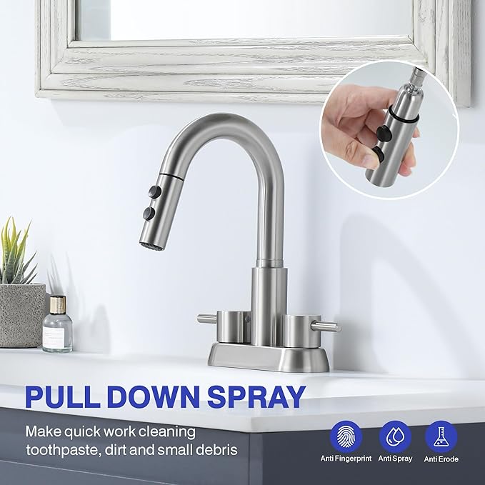 Kablle Bathroom Faucet with Pull Down Sprayer 3 Holes, Brushed Nickel 4 inch 2 Handles Centerset Laundry Bar Basin Pull Out Bathroom Sink Faucet with Pop-Up Drain, KBL-6002BN