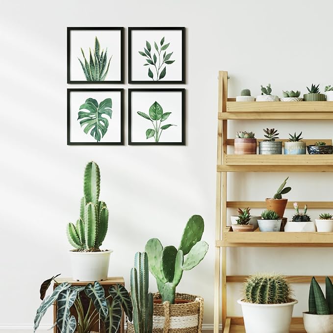 ArtbyHannah Framed Bathroom Wall Art Decor, 8x8 Inch 4 Pack Botanical Gallery Wall Frame Set Modern Farmhouse Sage Green Prints Artwork for Spa, Restroom, Bedroom, Office Decoration (Black)