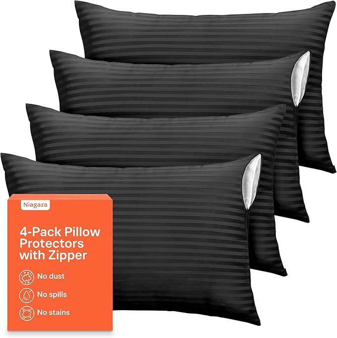 Ultra Soft Pillow Protectors with Zipper Queen Size - Set of 4 Breathable Pillow Covers - 100% Protection Against Stains, Dust & Dirt - Machine Washable (Striped Black)