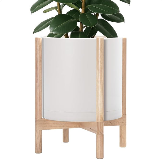 D'vine Dev Plastic Pot with Natural Wood Stand, Oatmeal, 14 in, 55-C-S-4 | Mid-Century Inspired Design, Elevated Plant Display, Clean Lines, Sturdy Support, Modern Space-Saving Style