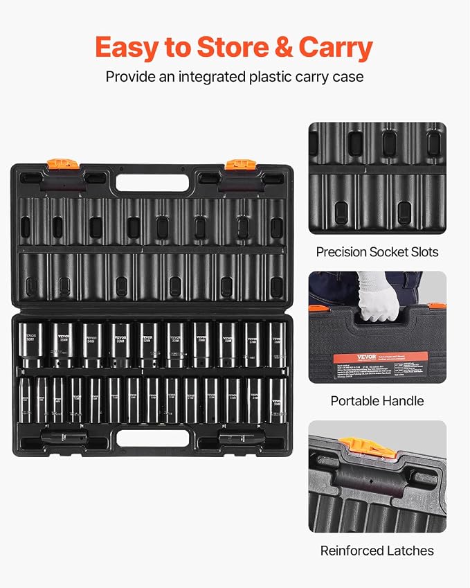 VEVOR Impact Socket Set 1/2 Inches 26 Piece Deep Sockets, 6-Point, Rugged Construction, Cr-V, 1/2 Inches Drive Socket Set Impact Metric 10mm - 36mm, with a Storage Cage