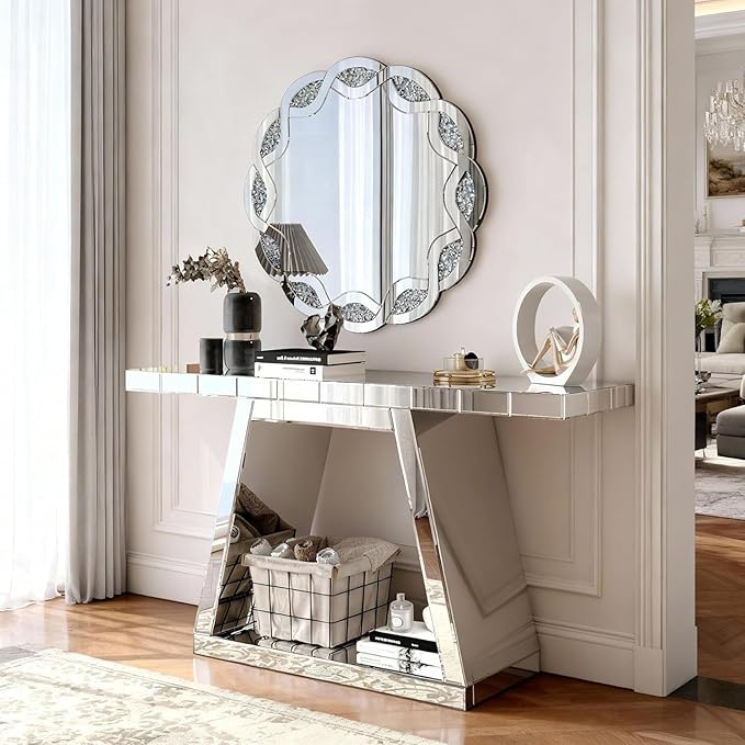 SSLine 2-Piece Set Mirrored Console Table with Wall Mirror, 55" Modern Mirror Entryway Table with Trapezoid-Shape Base, Round Crush Diamond Decor Mirror for Entryway Hallway