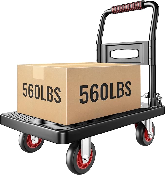 Upgraded Foldable Push Cart Dolly,560 lbs. Capacity Moving Platform Hand Truck,Heavy Duty Space Saving Collapsible,4‘’ TPR 360-Degree Silent Wheels,2 Swivel Wheels and 2 Fixed Wheels(Red Wheel)
