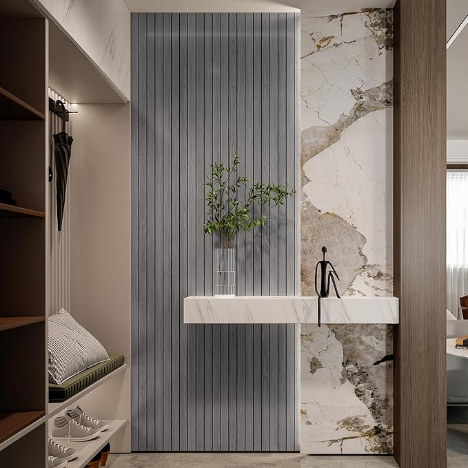 YLL YLL PVC Slat Wall Panel Peel and Stick 118"x 15.7" Faux Grey Wood Grain Slat Panel Self-Adhesive Wallpaper Soundproof 3D Wall Panels