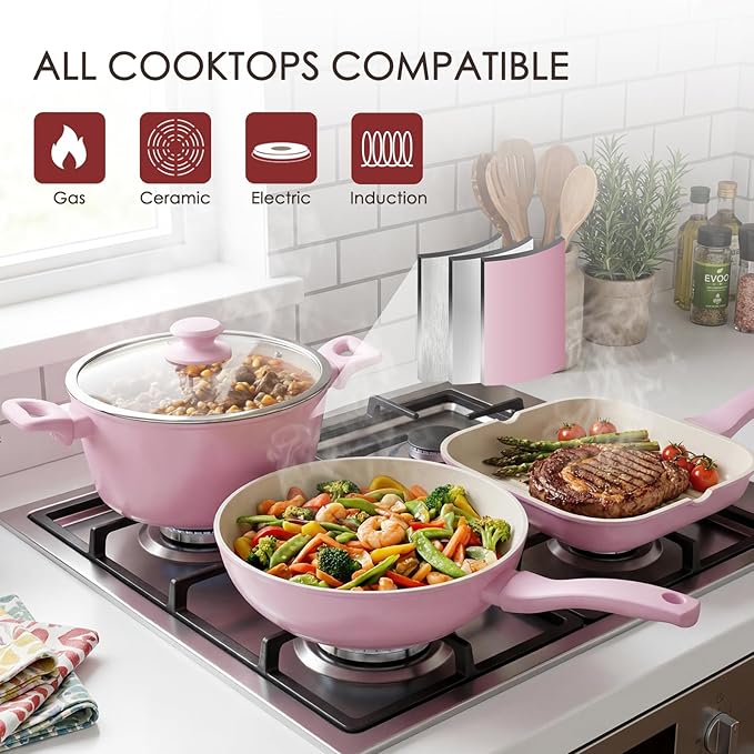 Kikcoin Pots and Pans Set Non Stick 31 Piece Kitchen Nonstick Cooking Cookware Sets with Grill Pan Saucepan Baking Sheet Utensil, Pink