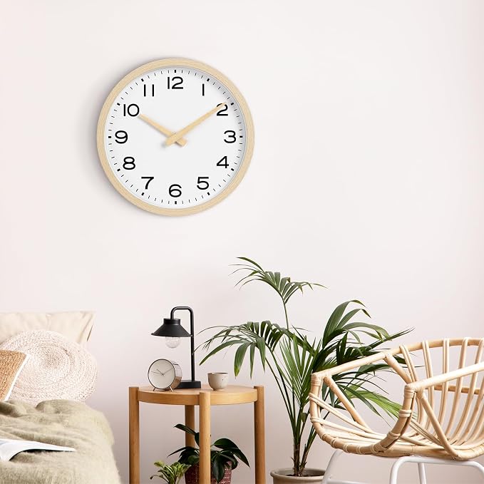 AKCISOT 14 Inch Wall Clock, Battery Operated Analog Clock, Silent Non-Ticking, Ideal for Bedroom, Bathroom, Kitchen, Office and School, Natural