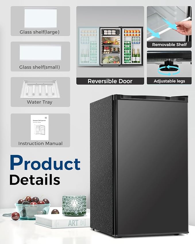 Feelfunn Mini Fridge with Freezer - 3.2 Cu.Ft Single Door Mini Refrigerator with Adjustable Thermostat, Energy Saving, Low Noise, Small Fridge for Bedroom, Office, Dorm, Apartment, Classroom - Black