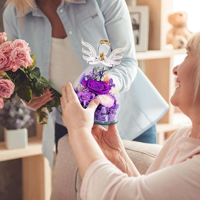 Gifts for Mom Birthday Gifts for Women Preserved Rose Forever Flower in Glass Angel Figurines Fresh Flowers for Delivery Anniversary Mothers Day Real Colorful Roses for Grandma Her Wife from Daughter