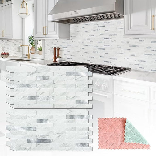 StyloVue 20 Sheets Peel and Stick Backsplash for Kitchen, White Marble with Metal Silver Look Stick on Tile Upgrade Your Kitchen Backsplash, RV, Fireplace