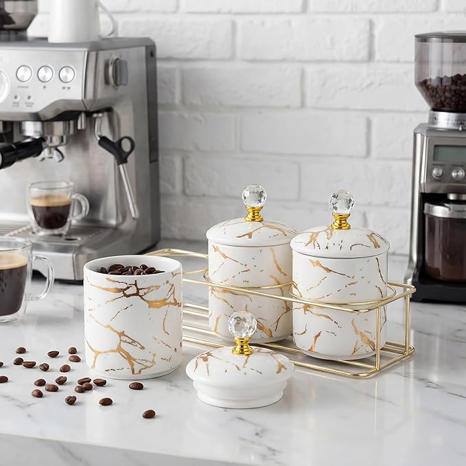 3 Pcs Ceramic Coffee Canister Set with Lids and Metal Stand, Marble Sugar Coffee Tea Containers, Kitchen Counter Storage Jars for Bar Accessories