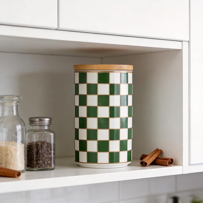 Kitchen Countertop Ceramic Checkered Canisters,Black And White Food Storage Containers With Lid,Airtight Kitchen Canisters for Flour, Sugar, Coffee, Tea, and Dry Goods (Green, Large)