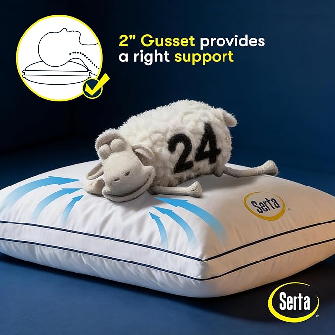 Serta Hotel Collection Bed Pillows King Size Set of 2, 400 Thread Count 100% Cotton Cover, Medium Support Gusseted Down Alternative Pillow for Back, Stomach or Side Sleepers, 18" x 34", White