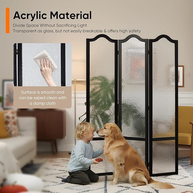 JOSTYLE Acrylic Room Divider, Folding Privacy Screen for Office & Loft, 3-Panel Modern Room Partition, Frosted Glass Like, Black Wood Frame, 67" H x 47.2" W
