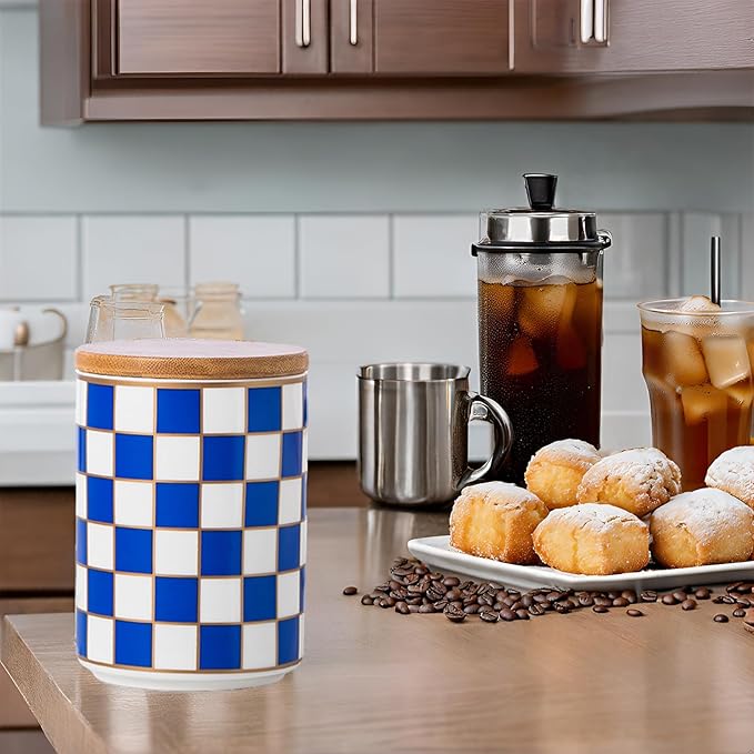 Kitchen Countertop Ceramic Checkered Canisters,Black And White Food Storage Containers With Lid,Airtight Kitchen Canisters for Flour, Sugar, Coffee, Tea, and Dry Goods (Blue, Small)