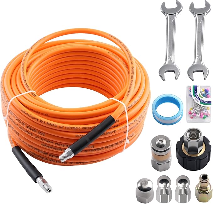 maXpeedingrods Sewer Jetter Kit for Pressure Washer 100FT, 5800PSI Drain Cleaner Hose 1/4 Inch NPT Corner, Rotating and Button Nose Sewer Jetting Nozzles with Spanner Waterproof Tape Pearl Corsage Pin