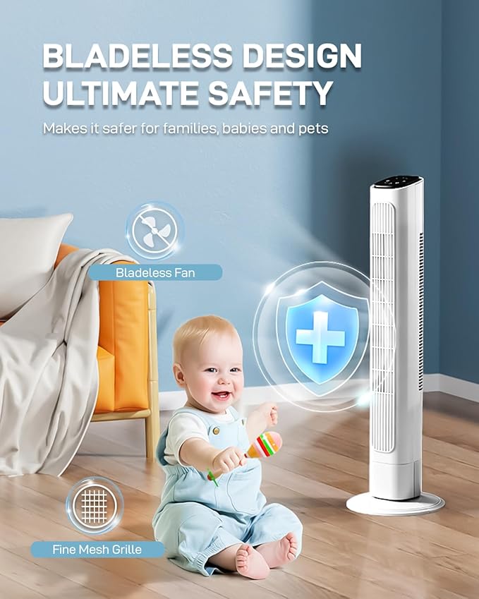 Winado 36" Bladeless Tower Fan, Portable Floor Fan with Remote Control, LED Display, Adjustable 90° Oscillating, 3 Speeds, 3 Modes & 9H Timer, Ultra-Quiet Cooling Fan for Home Office Bedroom, White