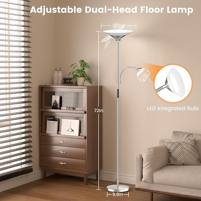SIBRILLE Metallic Sliver Torchiere Floor Lamp, 2 Way 72'' Dimmable LED Standing lamp with Rmote, Multi Color Temps, 34W Tall Light with Independent Control for Living Room Bedroom Office Reading ﻿