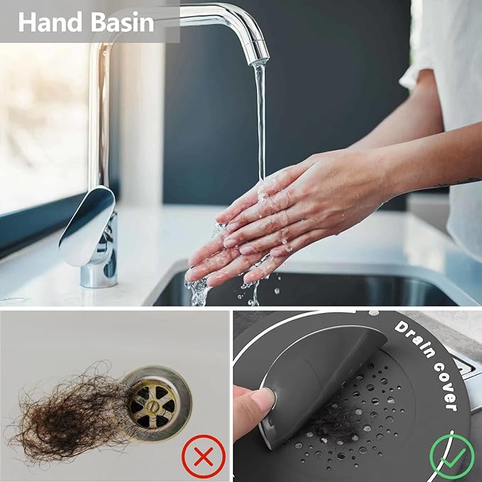 2-in-1 Shower Drain Hair Catcher & Bathtub Drain Cover, Odor-Proof Silicone Hair Stopper for Bathroom, Tub, Sink, Kitchen, Laundry - Prevents Clogs and Unpleasant Smells (1, Grey)