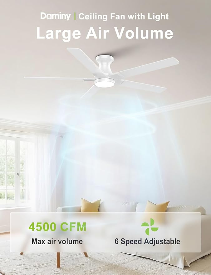 DAMINY 52 inch White Ceiling Fans with Lights,5 Blades,6CCT, Low Profile,Remote Control,for Bedroom, Kitchen,Living Room,Indoor/Outdoor Use,Flush Mount