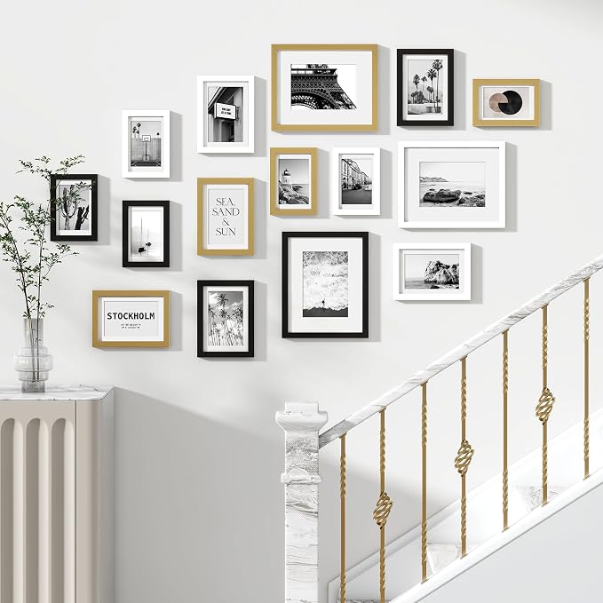 Venusmiles 15 Pack Picture Frames Collage Wall Decor, Gallery Frame Set for Wall Mounting or Tabletop Display, Multi Sizes Including 3pcs 8x10, 6pcs 5x7, 6pcs 4x6, Black+White+Gold