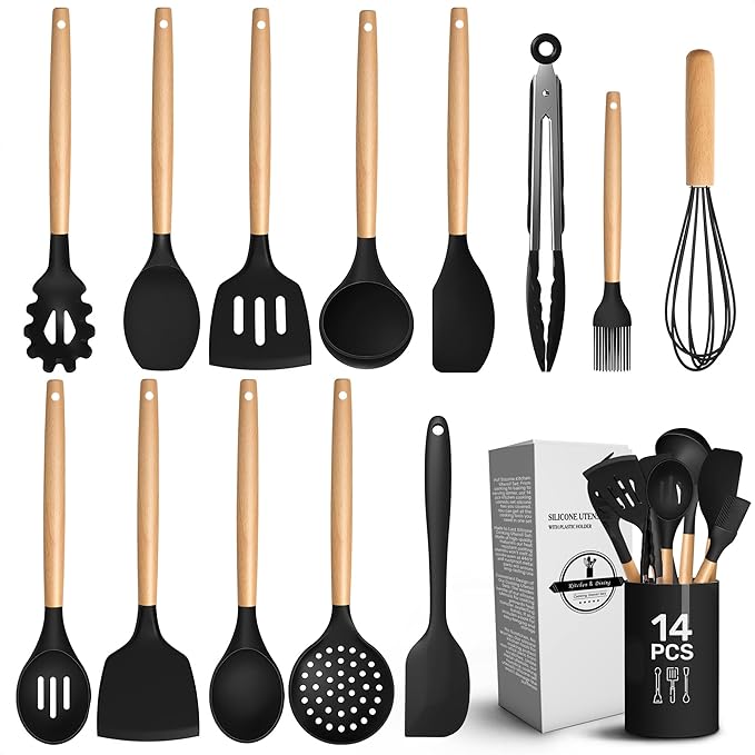 14 PCs Black Silicone Cooking Utensils Set with Holder - Versatile Kitchen Utensils with Sturdy Wooden Handles - Heat Resistance Silicone Kitchen Utensil Set with Holder for All Cooking & Baking Needs