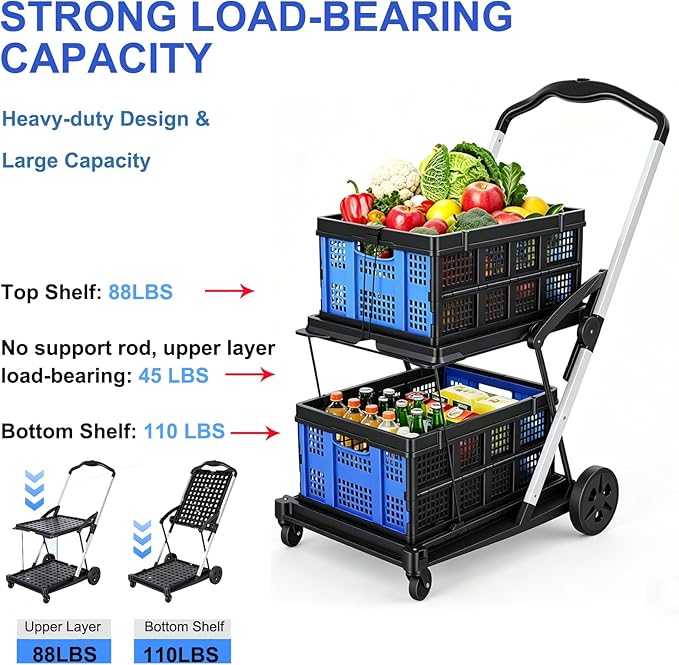 Collapsible Shopping Cart with Wheels, Heavy Duty Grocery Cart with 2 Storage Crates, Two Tier Portable Utility Carts Shopping Trolley for Picnic, Supermarket, Office,Warehouse 2026 Upgraded (Blue)