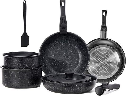 Sweetcrispy 12 pcs Pots and Pans Set, Nonstick Kitchen Induction Cookware Suit with Detachable Handle, Dishwasher Oven Safe, Black