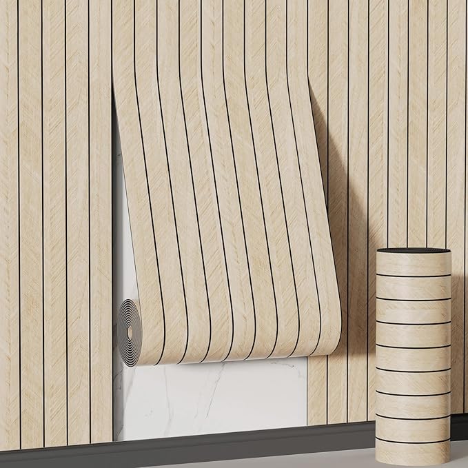 Arthome Peel and Stick Slat Wall Panels 15.7 "x400,Self-Adhesive PVC Wood Grain Wallpaper Panel,3D Thick Faux Soundproof Backsplash Accent Wall Tile for Walls & Furniture (Beige- Coverage 43.6 Sq.ft)