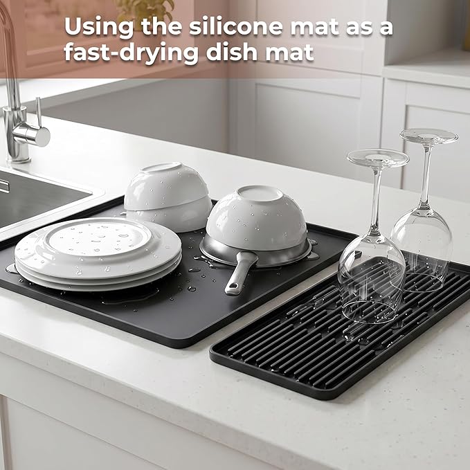 16×16-inch Silicone Coffee Mat for Espresso Machine - Heat Resistant, Waterproof Countertop Protector Pad with Raised Edges, Easy Clean Dish Drying Mat for Kitchen, Pet Food Mat (Black)