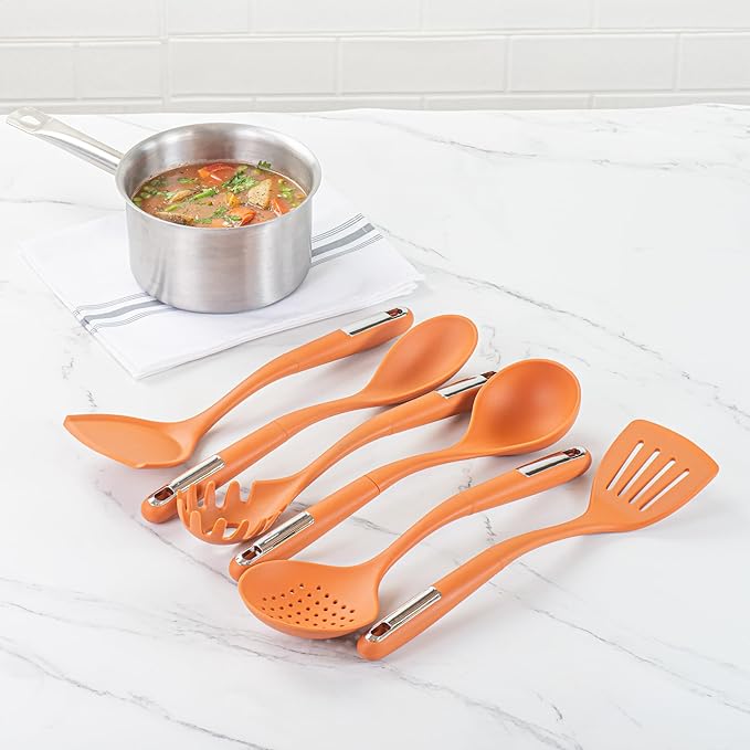 Restaurantware Silicone Utensil Set Pack of 1 Non-Slip Handle 6-Piece Kitchen Tool Set, Heat-Resistant Dishwasher-Friendly Cooking Accessories, Durable Orange Cooking Utensils