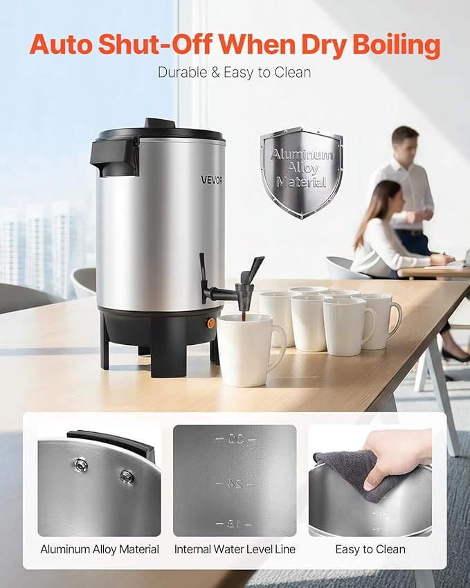 VEVOR Commercial Coffee Urn, 30 Cup 4.5 L Hot Beverage Dispenser with Dripless Faucet, Quick-Brewing Commercial Coffee Maker, Automatic Temperature Control, for Catering, Party, Church & Restaurant