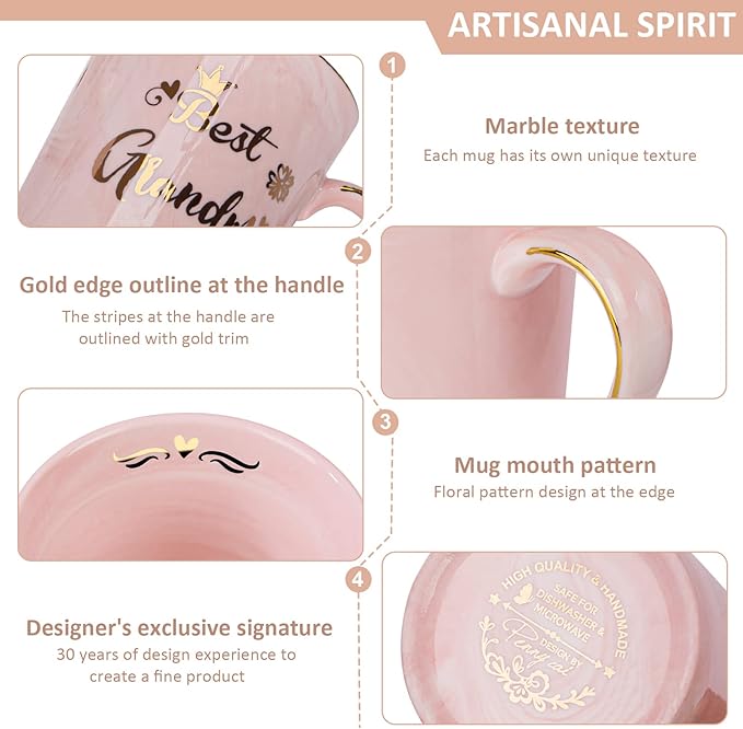 Grandma Gifts for Grandma, Mothers Day Birthday Gift for Grandmother from Granddaughter Grandson - 14Oz Pink Marble Ceramic Coffee Mugs Print with Real Gold - Lid Spoon Card, Box