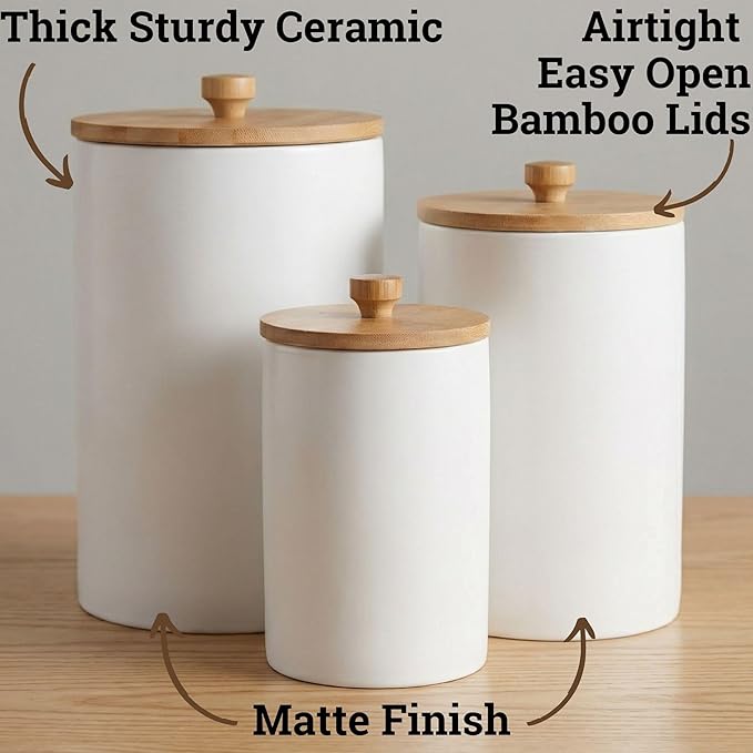 Ceramic Kitchen Canisters for Countertop Set of 3 with Airtight Bamboo Lids - White Kitchen Canisters with Airtight Lids - Flour Sugar Canister Set - Flour and Sugar Containers Farmhouse - Coffee Jar