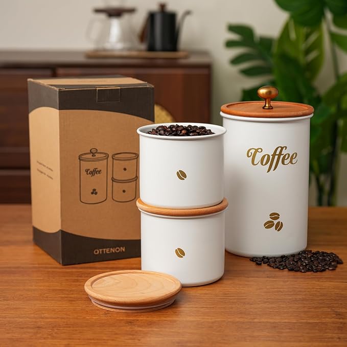 Coffee Canister, 3 pack 2 lb/12 oz/12 oz Large Airtight Coffee Bean Storage Container, Café Grounds Container, Cafe Jar Cafe Holder, Food Storage Container for Flour, Sugar, Tea (White)