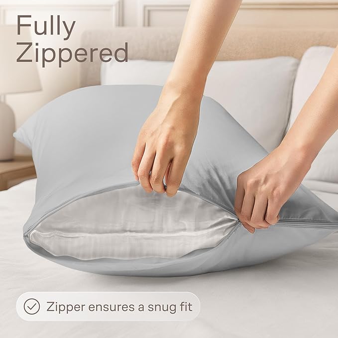 Ultra Soft Pillow Protectors with Zipper Queen Size - Set of 4 Breathable Pillow Covers - 100% Protection Against Stains, Dust & Dirt - Machine Washable (Light Gray)