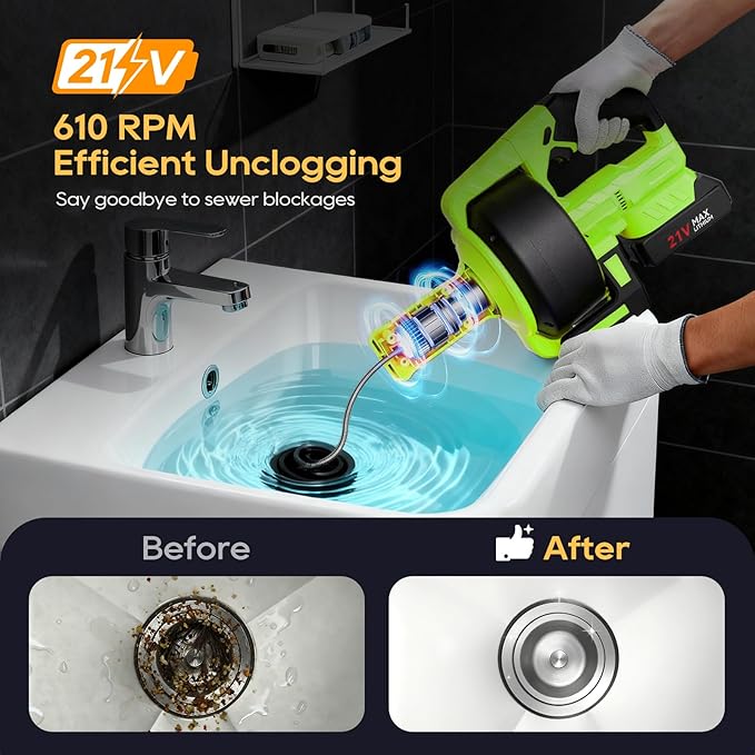 Ublue 21V Cordless Electric Drain Auger, 25Ft Auto Feed Drain Snake for Clog Remover with 2.0Ah Battery, Plumbing Snake for Sink Toilet Bathroom Shower Pipes 3/4"-2.95", Included Bag Gloves Rag