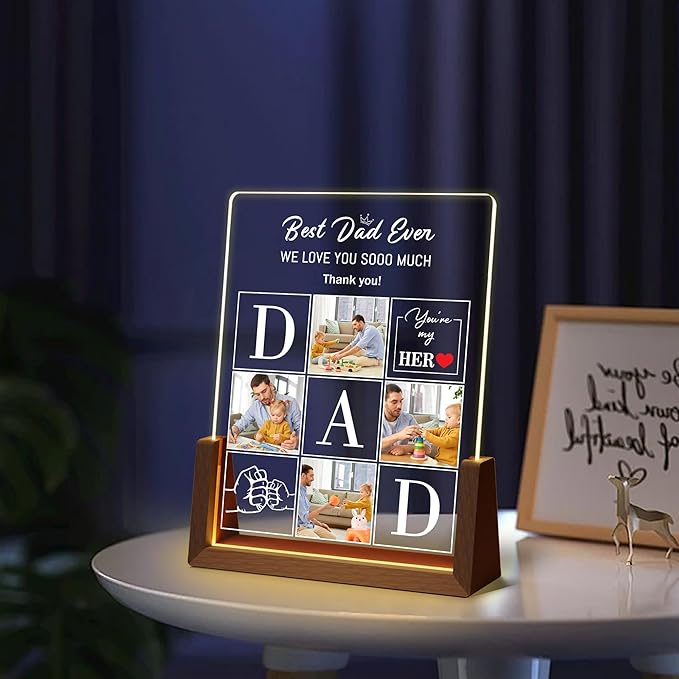 Personalized Dad Gifts For Fathers Day, Custom Fathers Day Birthday Christmas Gifts From Daughter Son Wife Kids, Acrylic Light Up Picture Frame Plaque With Photo Name, Customized Best Dad Ever Gift