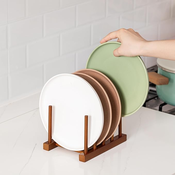 HBlife 2pcs Teak Dish Plate Bowl Cup Book Pot Lid Cutting Board Drying Rack Stand Drainer Storage Holder Organizer Kitchen Cabinet（Keep Dry）