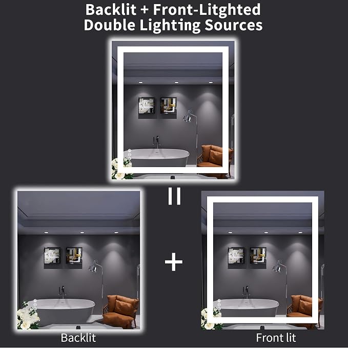 LOAAO 32"X36" LED Bathroom Mirror with Lights, Anti-Fog, Dimmable, Backlit + Front Lit, Lighted Bathroom Vanity Mirror for Wall, Memory Function, Tempered Glass, ETL Listed